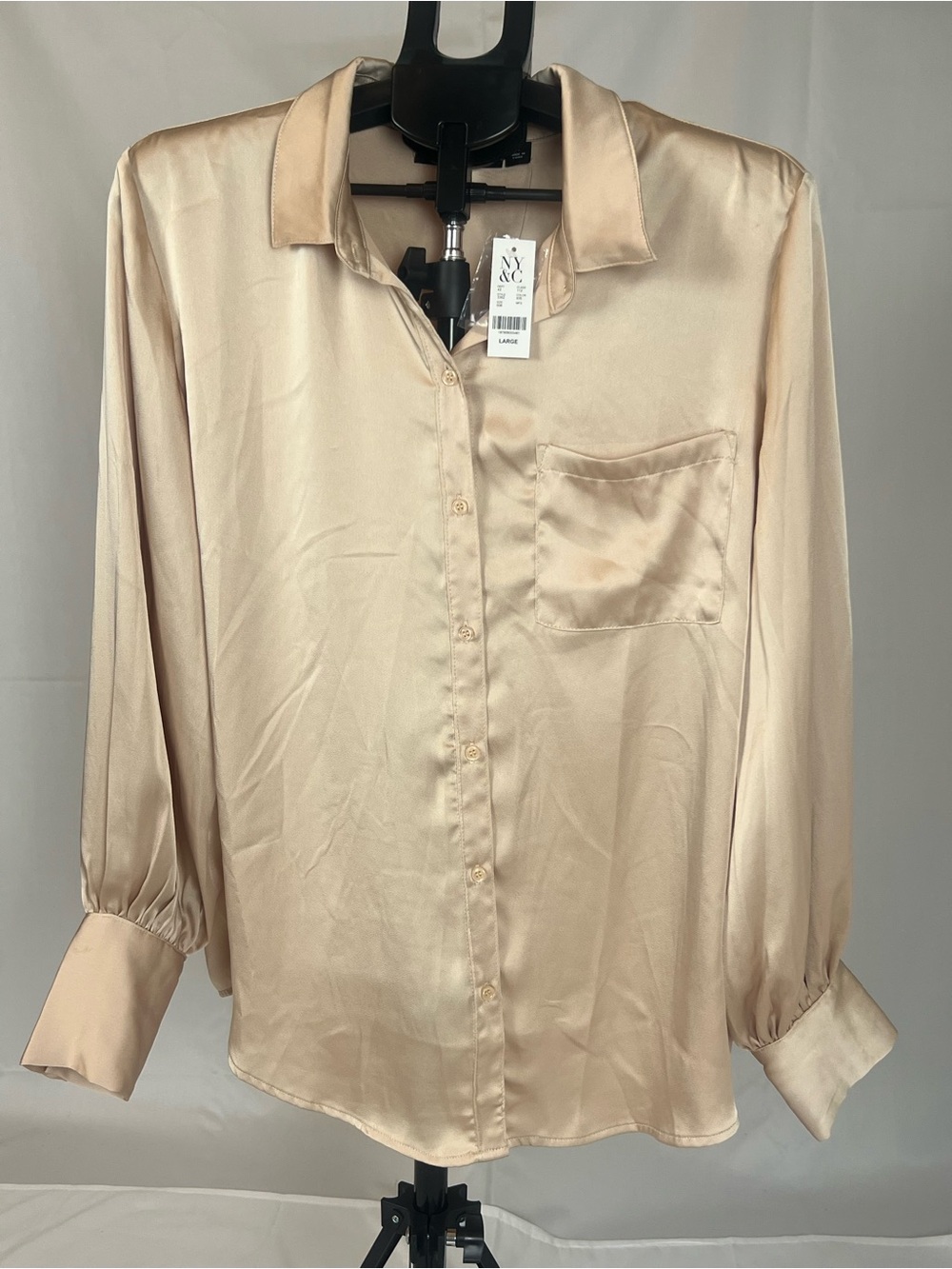 New York & Company Satin Button-Down Shirt in Champagne Beige